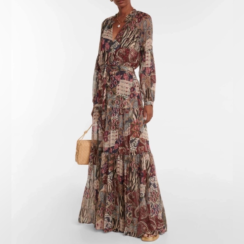 Veronica Beard Isra Multicolor Patchwork Print 100% Silk Maxi Dress Boho Western - Picture 2 of 16